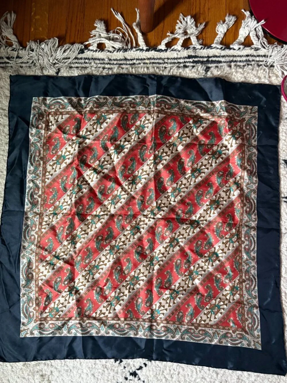 Vintage sizable silk paisley multicolored scarf hand rolled hand printed 30